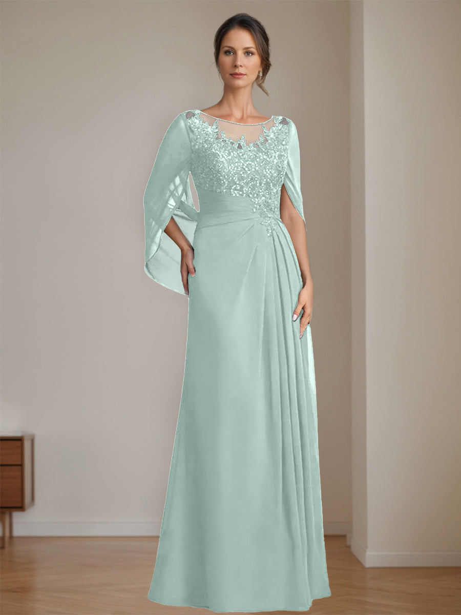 Long A Line Mother of the Bride Dresses with Scoop Neckline Pleated & Sequins