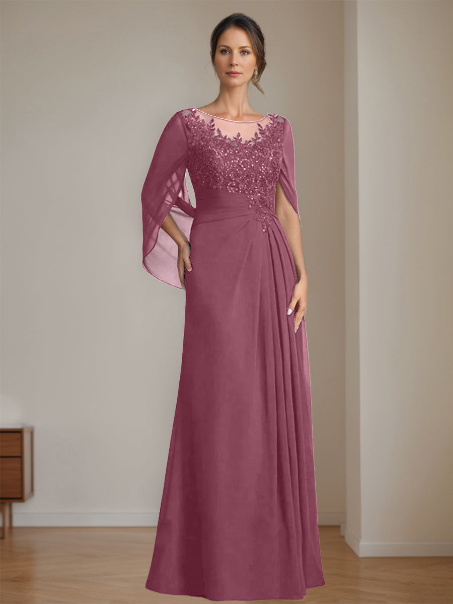 Long A Line Mother of the Bride Dresses with Scoop Neckline Pleated & Sequins