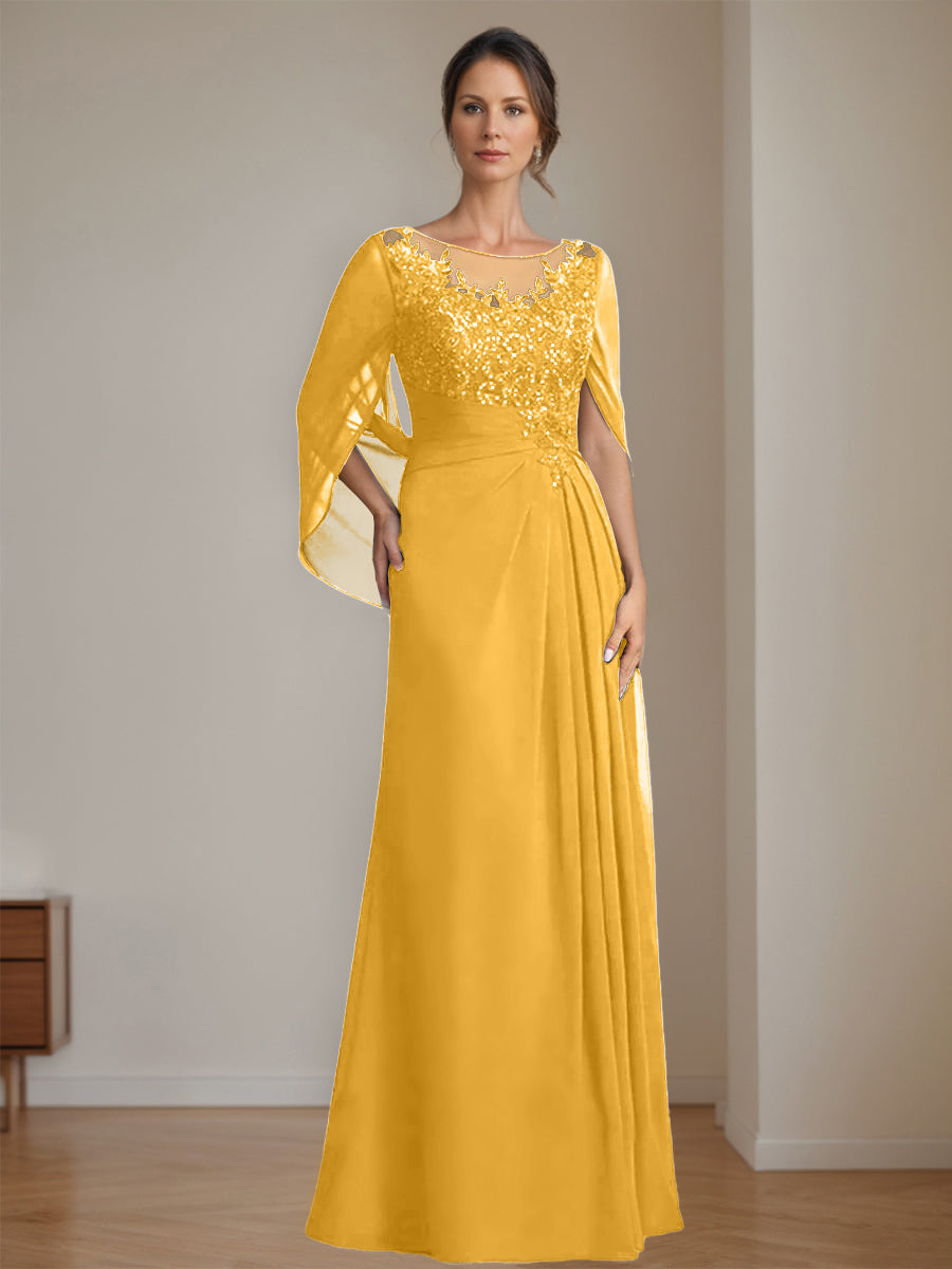 Long A Line Mother of the Bride Dresses with Scoop Neckline Pleated & Sequins