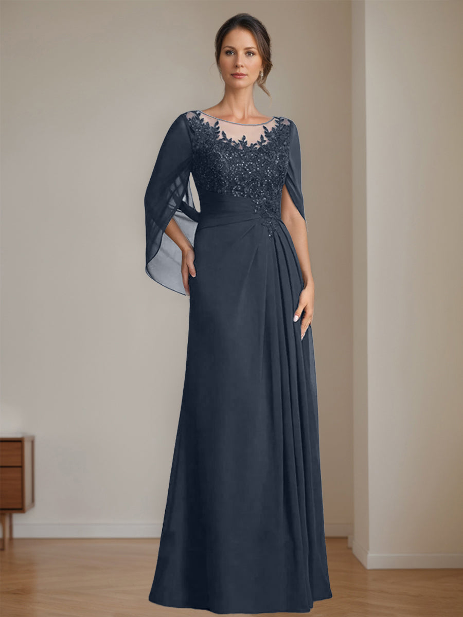 Long A Line Mother of the Bride Dresses with Scoop Neckline Pleated & Sequins