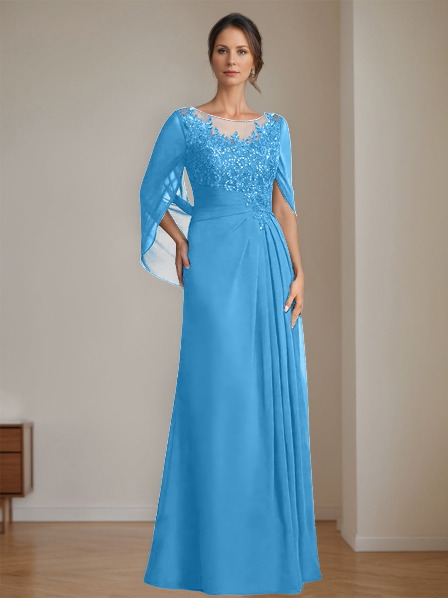 Long A Line Mother of the Bride Dresses with Scoop Neckline Pleated & Sequins