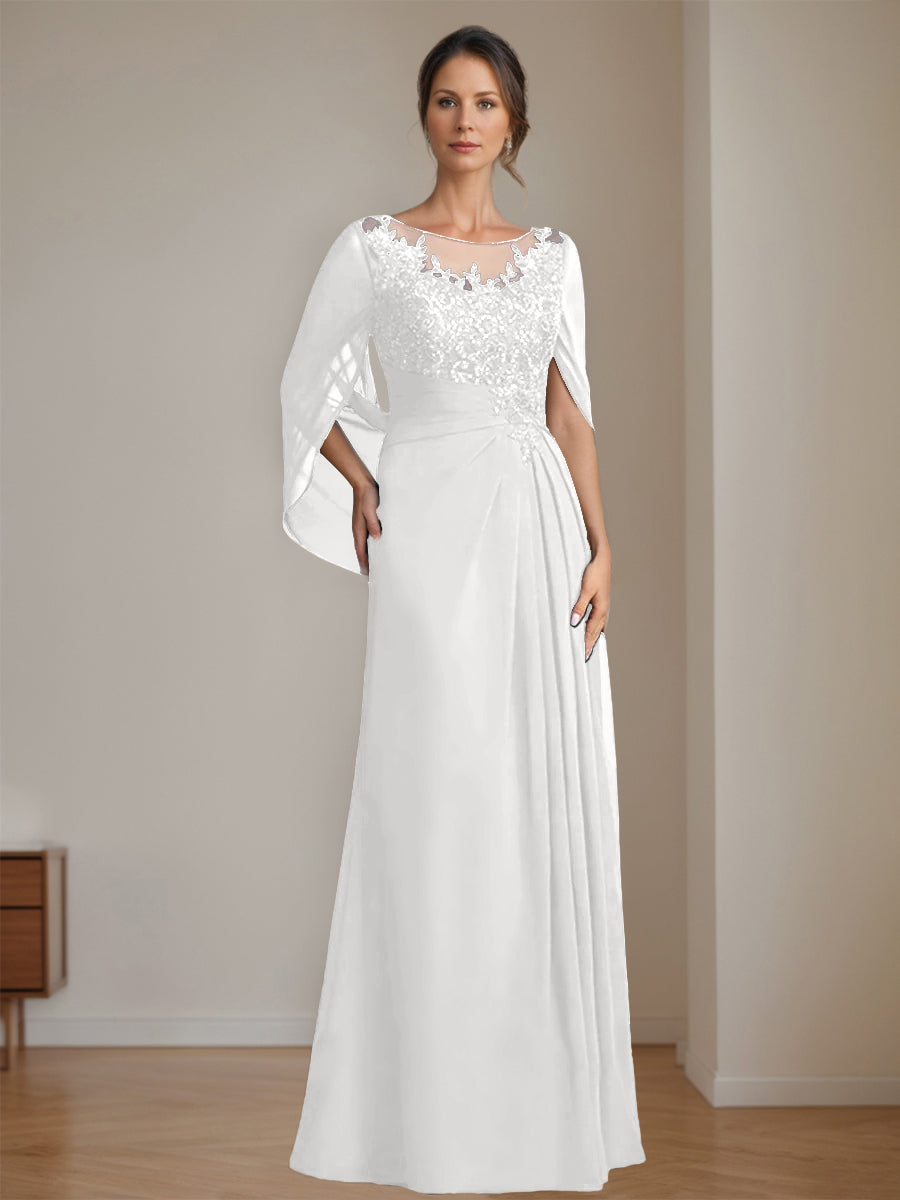 Long A Line Mother of the Bride Dresses with Scoop Neckline Pleated & Sequins