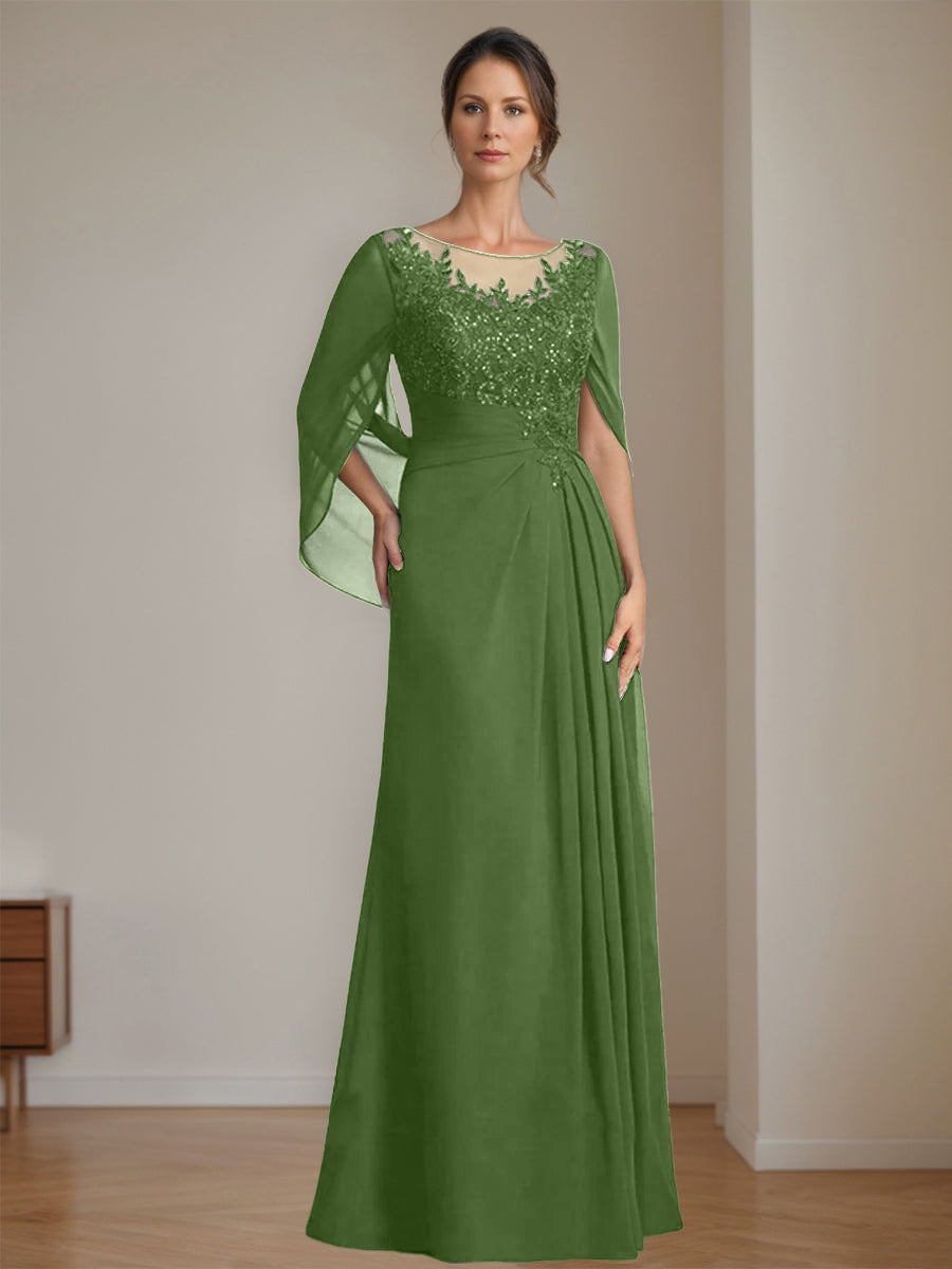 Long A Line Mother of the Bride Dresses with Scoop Neckline Pleated & Sequins