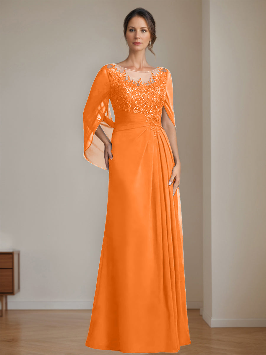 Long A Line Mother of the Bride Dresses with Scoop Neckline Pleated & Sequins