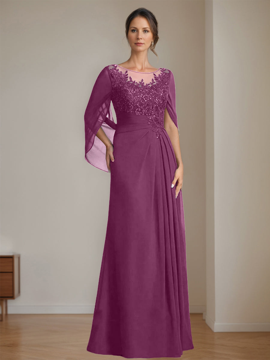 Long A Line Mother of the Bride Dresses with Scoop Neckline Pleated & Sequins