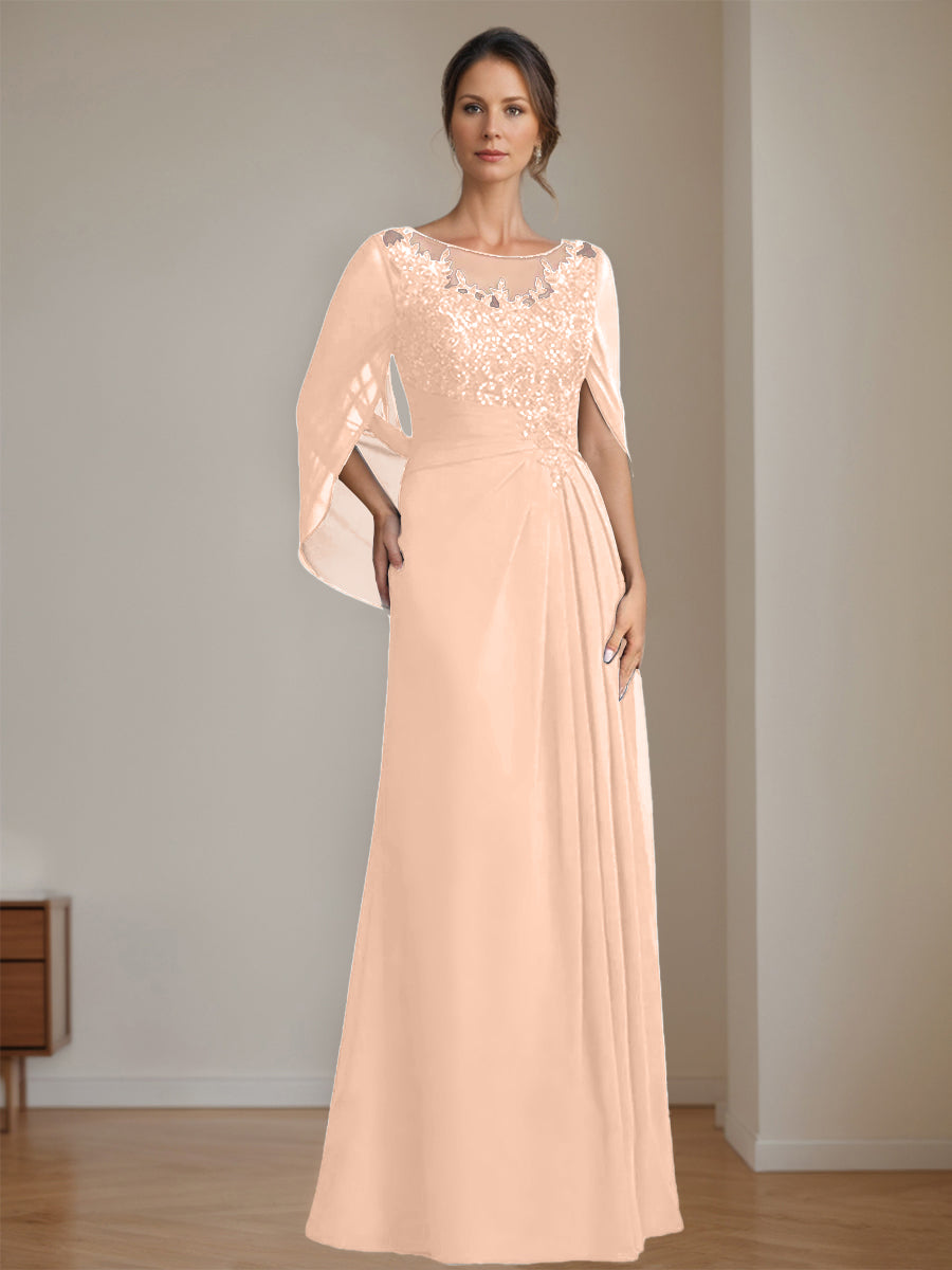 Long A Line Mother of the Bride Dresses with Scoop Neckline Pleated & Sequins