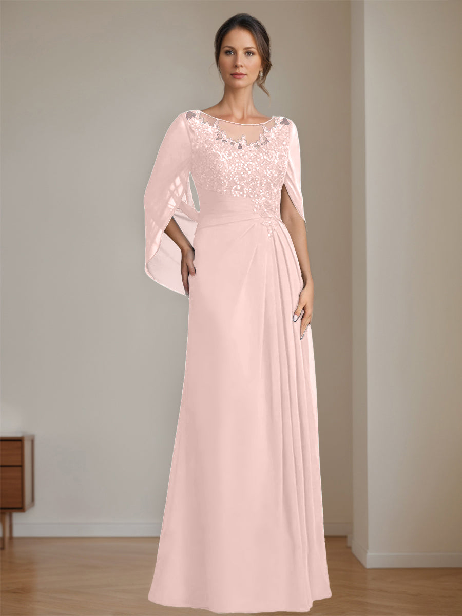 Long A Line Mother of the Bride Dresses with Scoop Neckline Pleated & Sequins