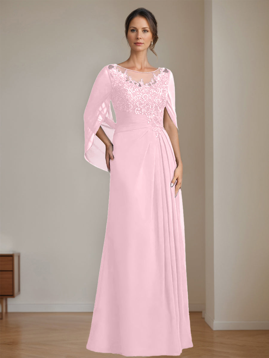 Long A Line Mother of the Bride Dresses with Scoop Neckline Pleated & Sequins