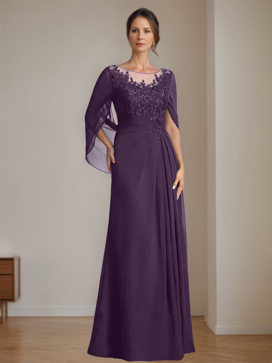 Long A Line Mother of the Bride Dresses with Scoop Neckline Pleated & Sequins