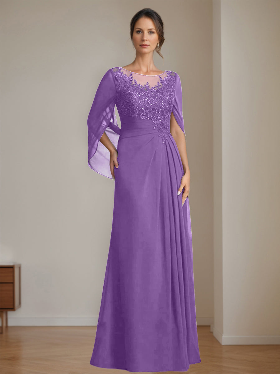 Long A Line Mother of the Bride Dresses with Scoop Neckline Pleated & Sequins