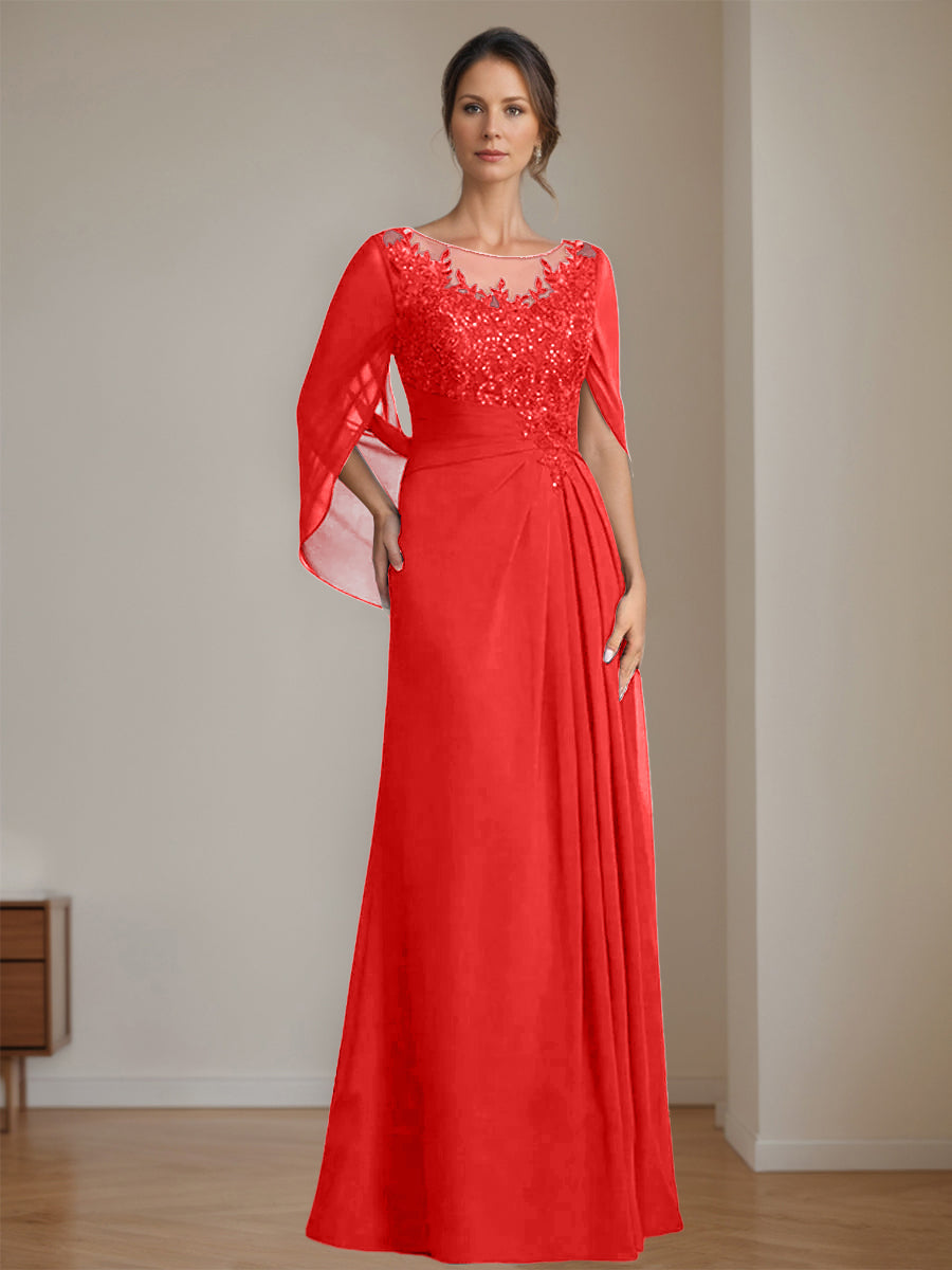 Long A Line Mother of the Bride Dresses with Scoop Neckline Pleated & Sequins