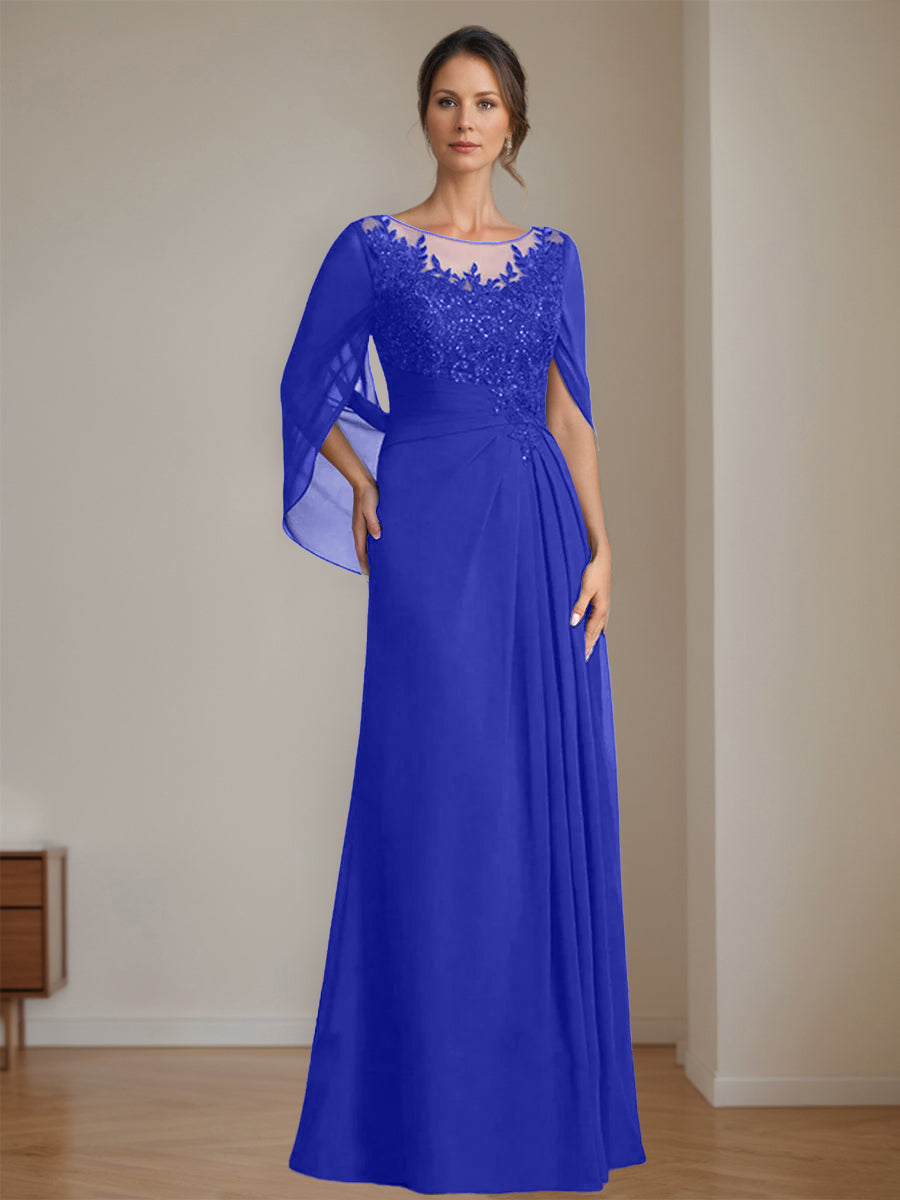 Long A Line Mother of the Bride Dresses with Scoop Neckline Pleated & Sequins