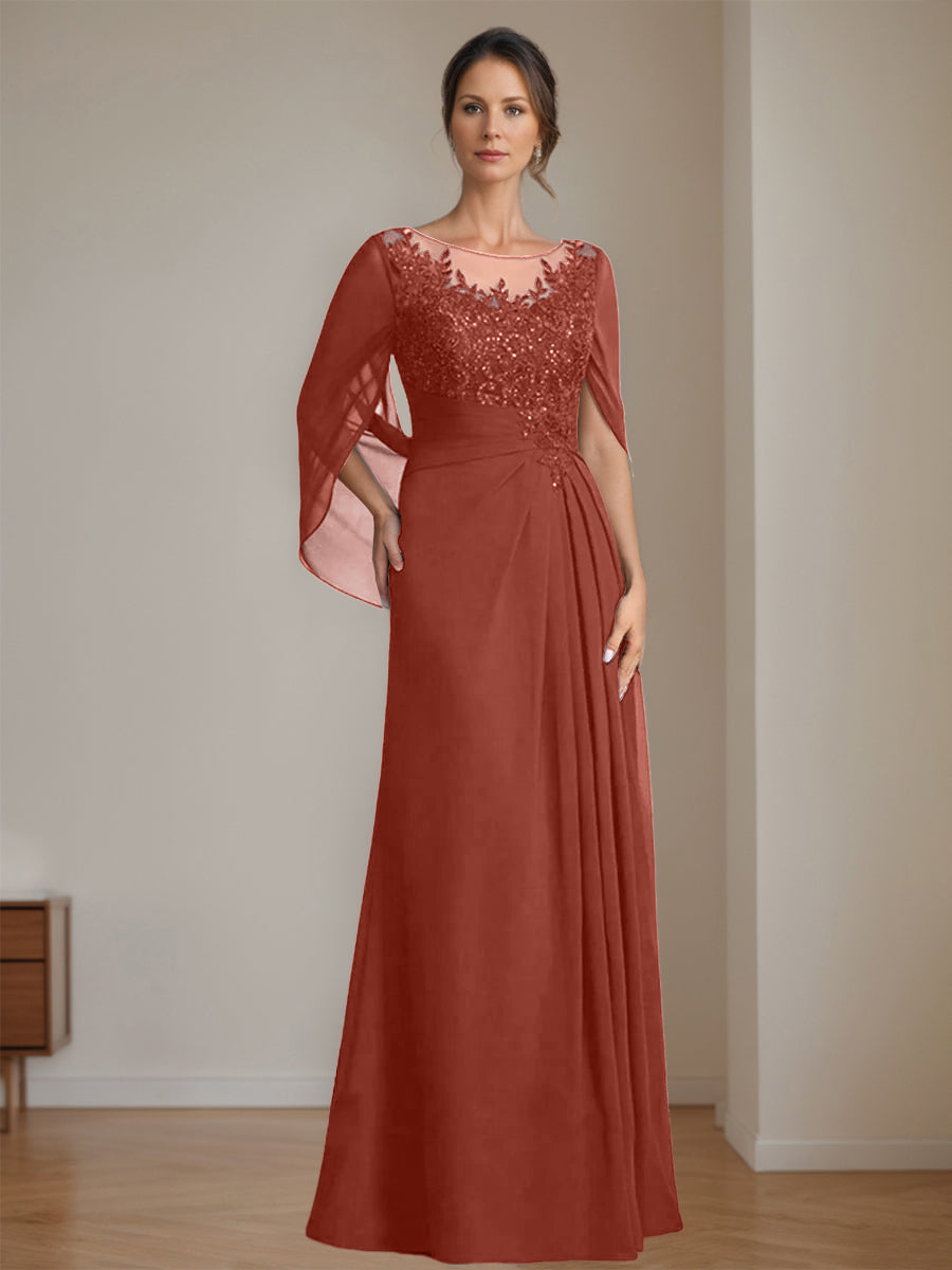 Long A Line Mother of the Bride Dresses with Scoop Neckline Pleated & Sequins