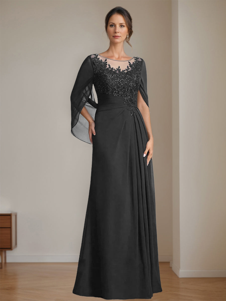 Long A Line Mother of the Bride Dresses with Scoop Neckline Pleated & Sequins