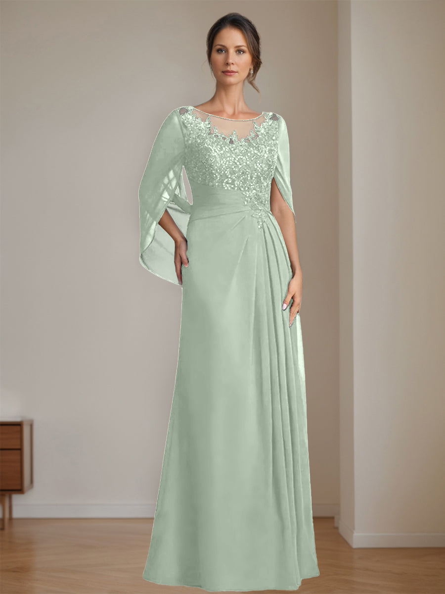 Long A Line Mother of the Bride Dresses with Scoop Neckline Pleated & Sequins