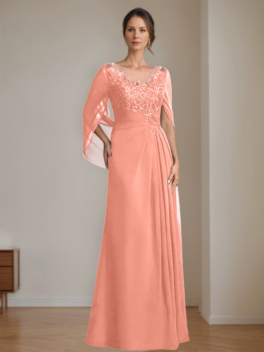 Long A Line Mother of the Bride Dresses with Scoop Neckline Pleated & Sequins