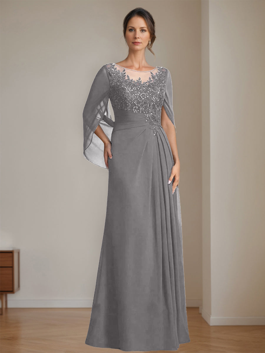 Long A Line Mother of the Bride Dresses with Scoop Neckline Pleated & Sequins