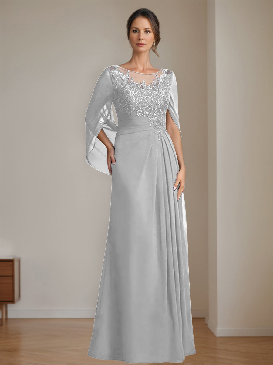 Long A Line Mother of the Bride Dresses with Scoop Neckline Pleated & Sequins