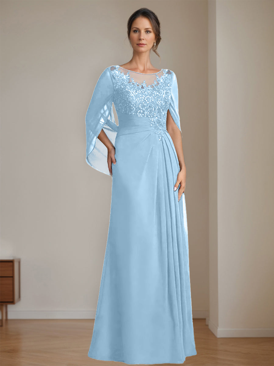 Long A Line Mother of the Bride Dresses with Scoop Neckline Pleated & Sequins