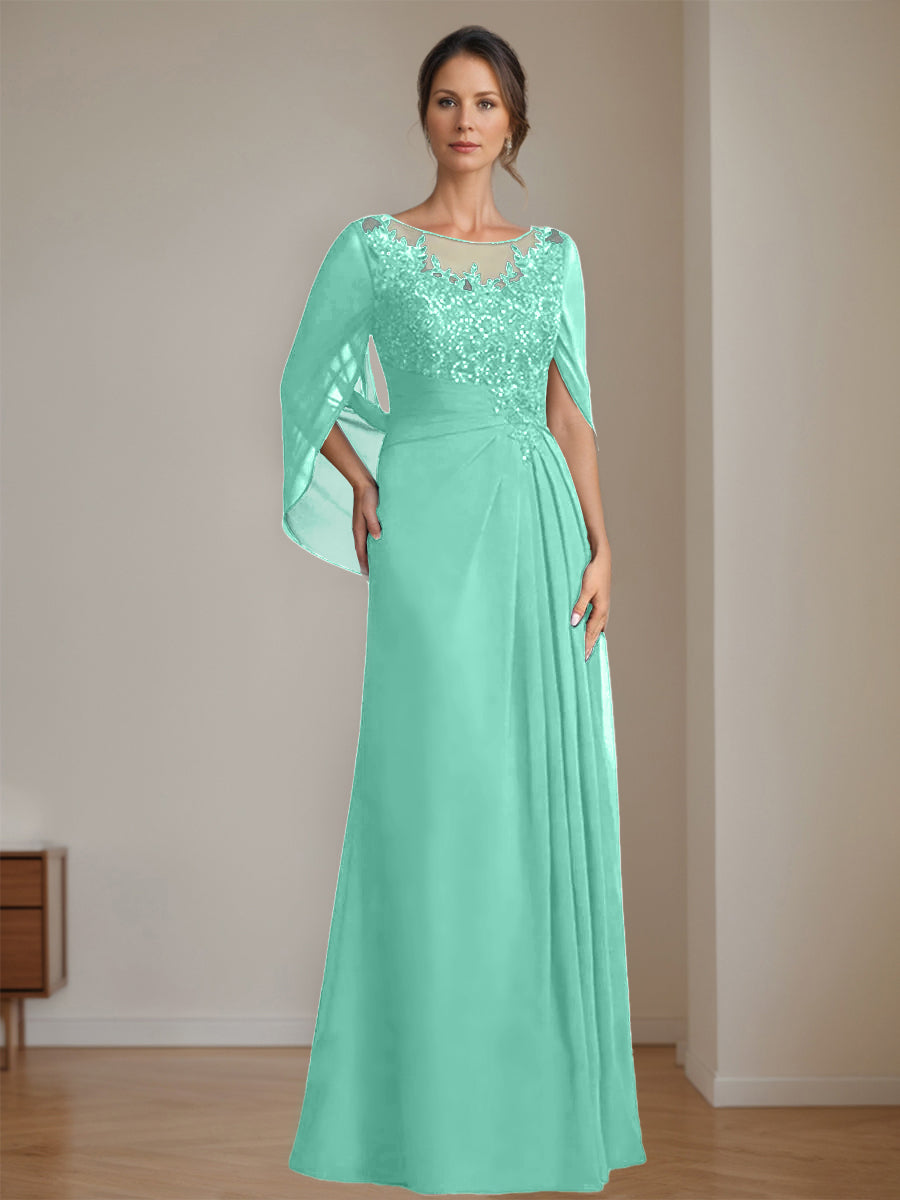 Long A Line Mother of the Bride Dresses with Scoop Neckline Pleated & Sequins