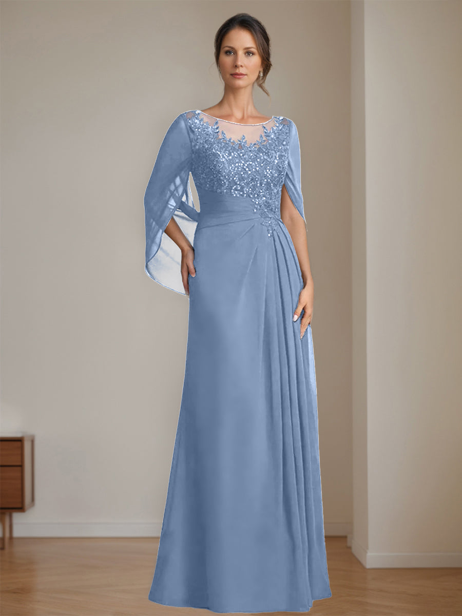 Long A Line Mother of the Bride Dresses with Scoop Neckline Pleated & Sequins