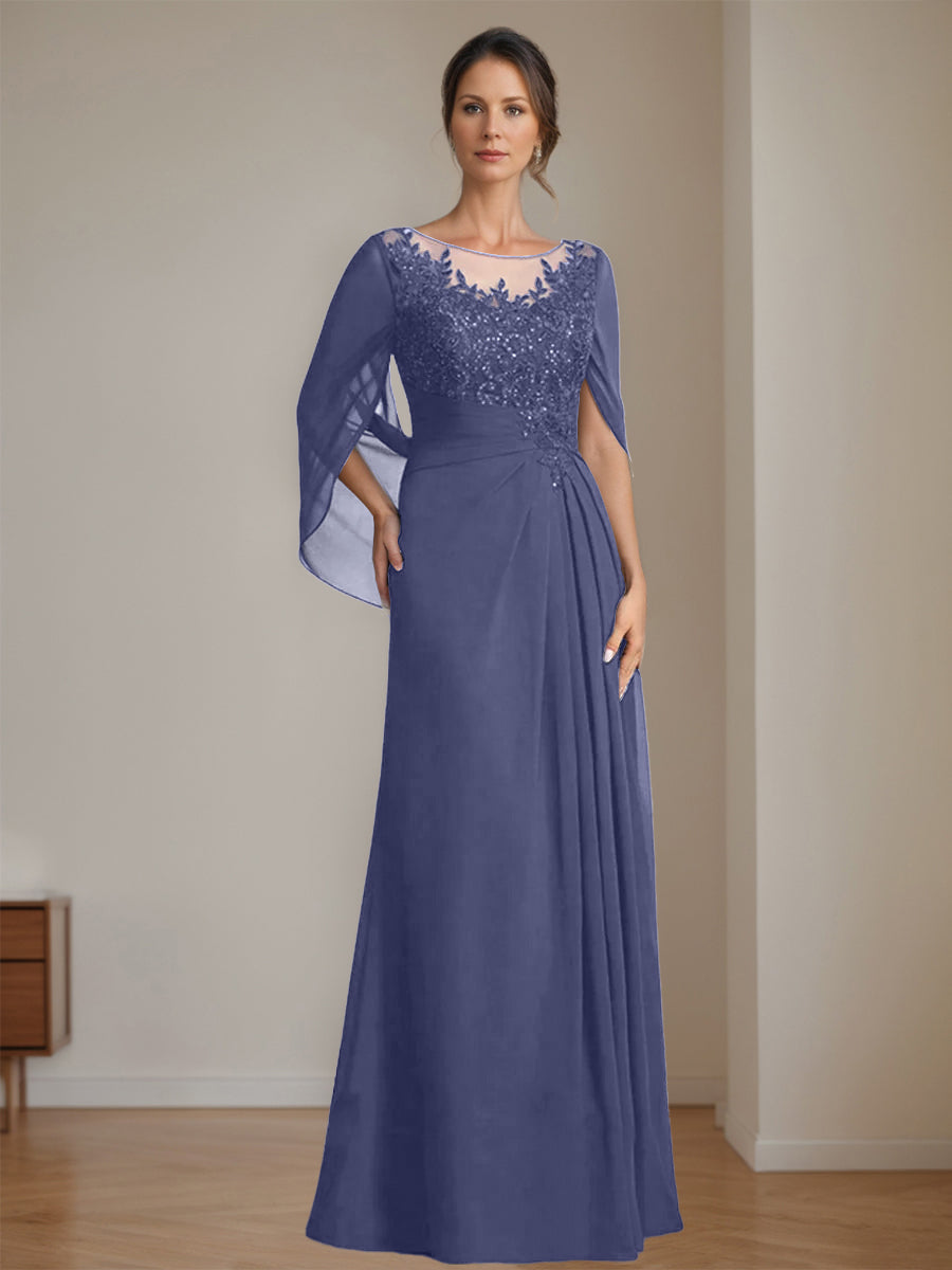 Long A Line Mother of the Bride Dresses with Scoop Neckline Pleated & Sequins