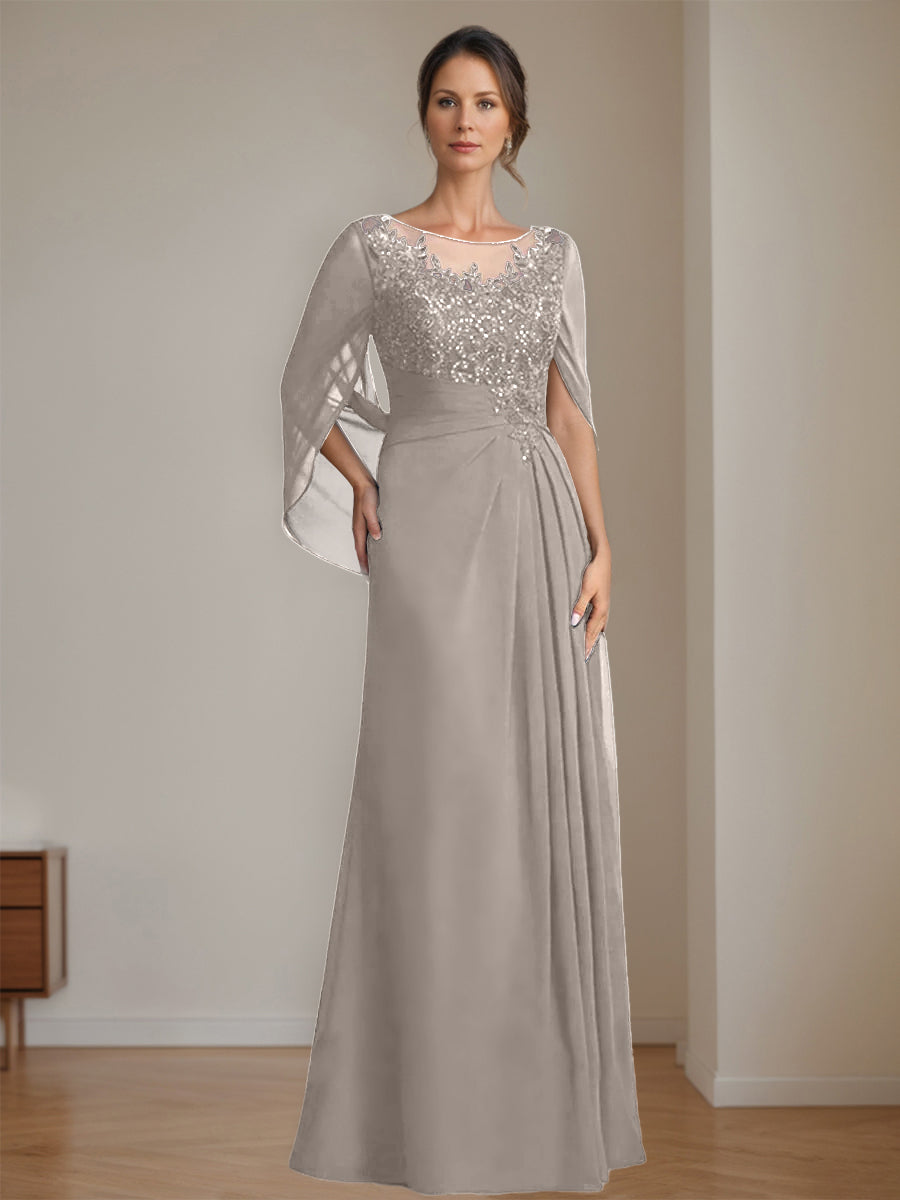 Long A Line Mother of the Bride Dresses with Scoop Neckline Pleated & Sequins