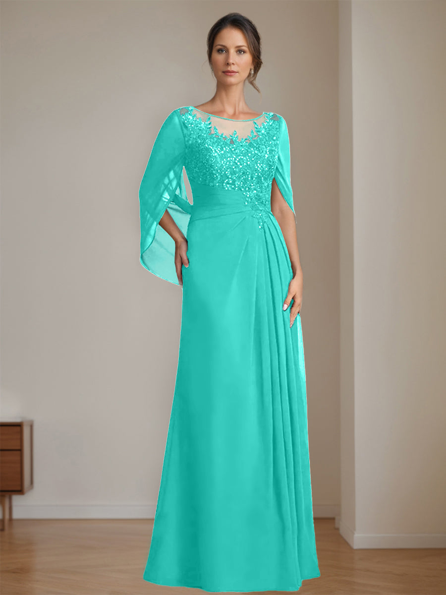 Long A Line Mother of the Bride Dresses with Scoop Neckline Pleated & Sequins
