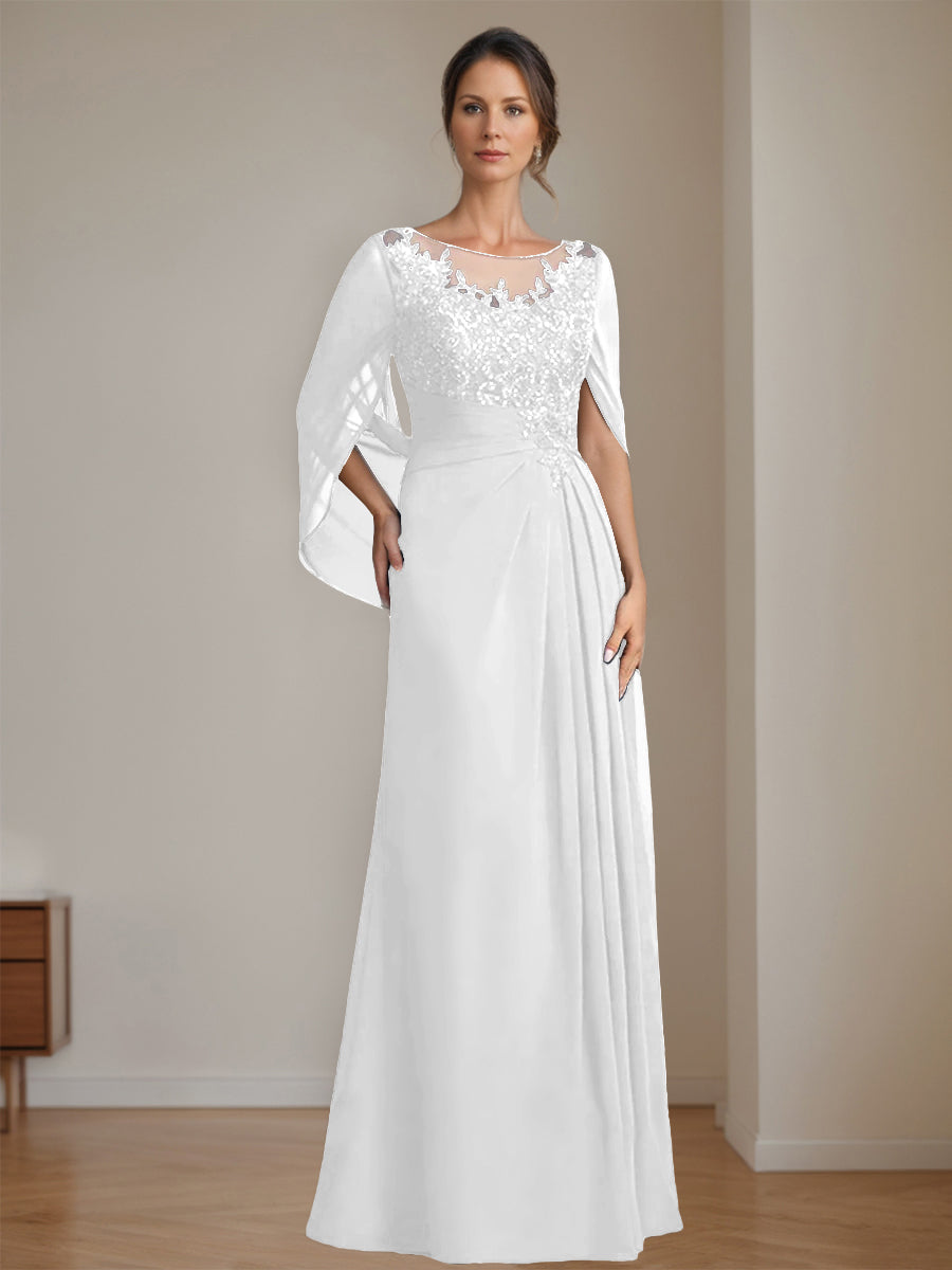 Long A Line Mother of the Bride Dresses with Scoop Neckline Pleated & Sequins