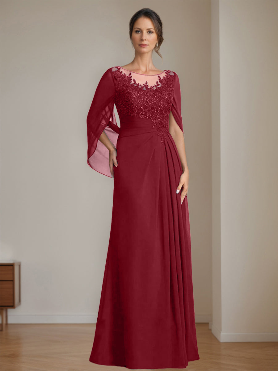 Long A Line Mother of the Bride Dresses with Scoop Neckline Pleated & Sequins