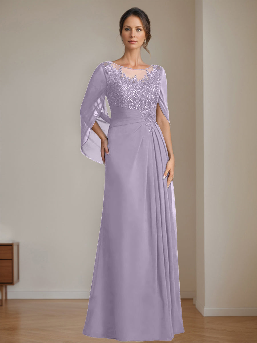 Long A Line Mother of the Bride Dresses with Scoop Neckline Pleated & Sequins