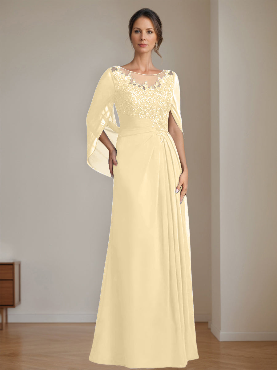 Long A Line Mother of the Bride Dresses with Scoop Neckline Pleated & Sequins