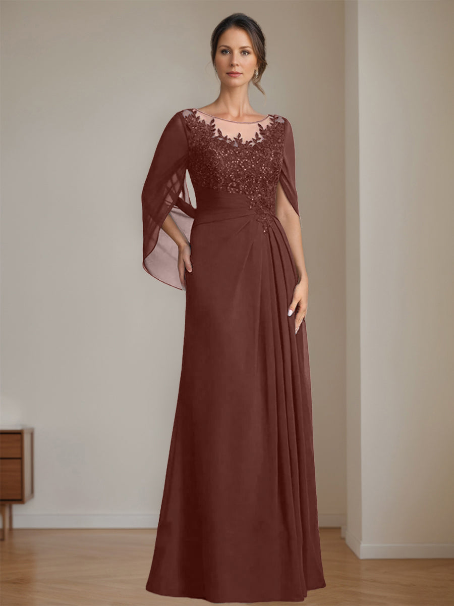 Long A Line Mother of the Bride Dresses with Scoop Neckline Pleated & Sequins