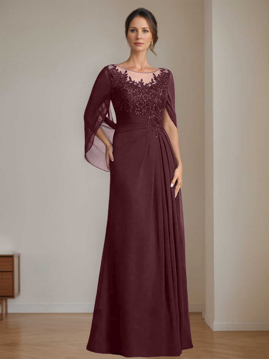 Long A Line Mother of the Bride Dresses with Scoop Neckline Pleated & Sequins