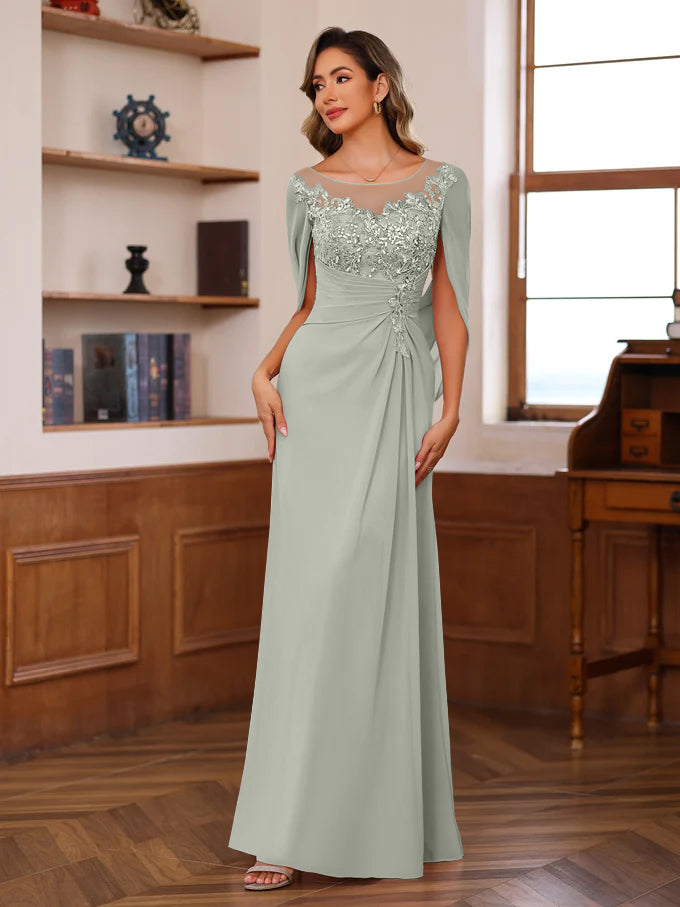 Long A Line Scoop Mother of the Bride Dresses with Pleated & Sequins