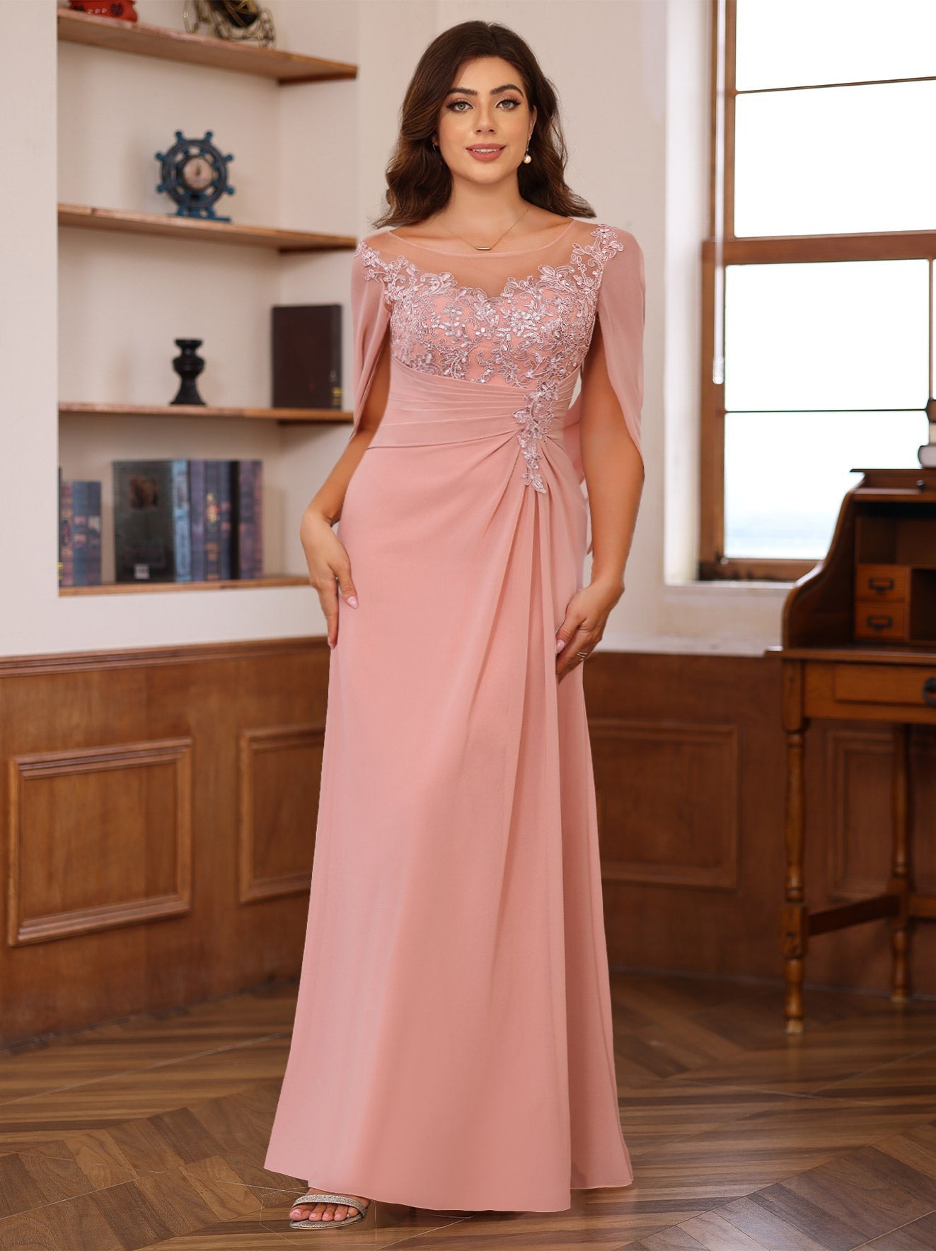 Long A Line Scoop Mother of the Bride Dresses with Pleated & Sequins
