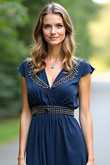Floor Length Beaded Navy Wedding Guest Dress A Line Formal Dress With Cape Sleeves