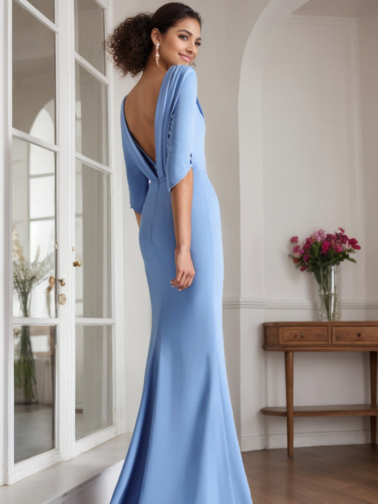 Long Mother of the Bride & Groom Dresses with Rhinestone Sheath Column Scoop and 1 2 Length Sleeves