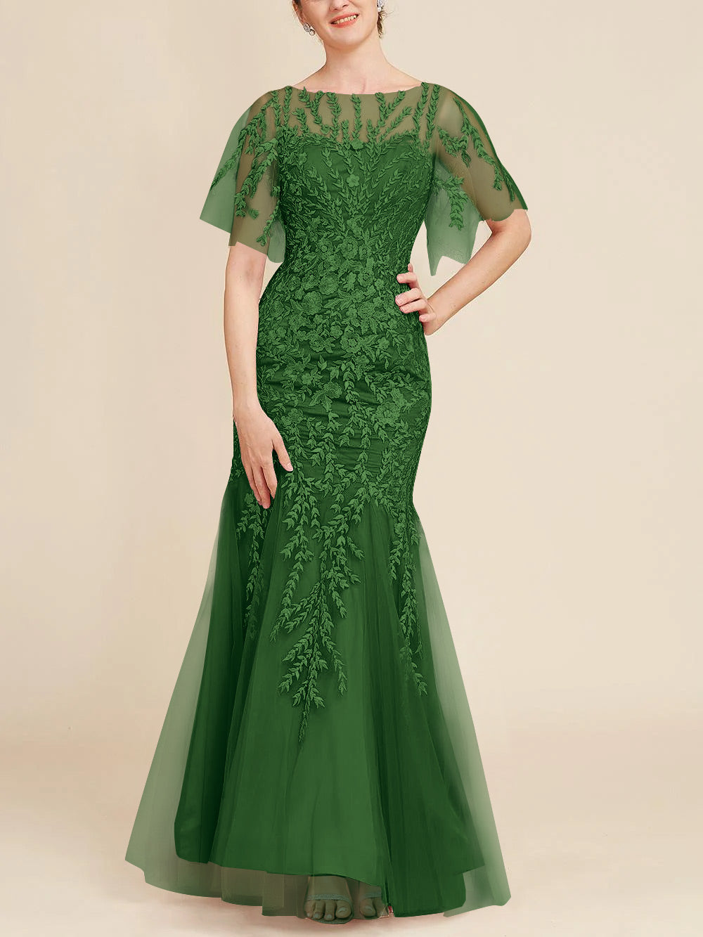 Long Mother of the Bride Lace Dresses with Trumpet Mermaid Scoop Half Sleeves