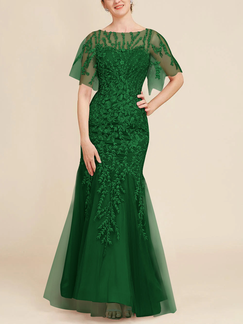 Long Mother of the Bride Lace Dresses with Trumpet Mermaid Scoop Half Sleeves