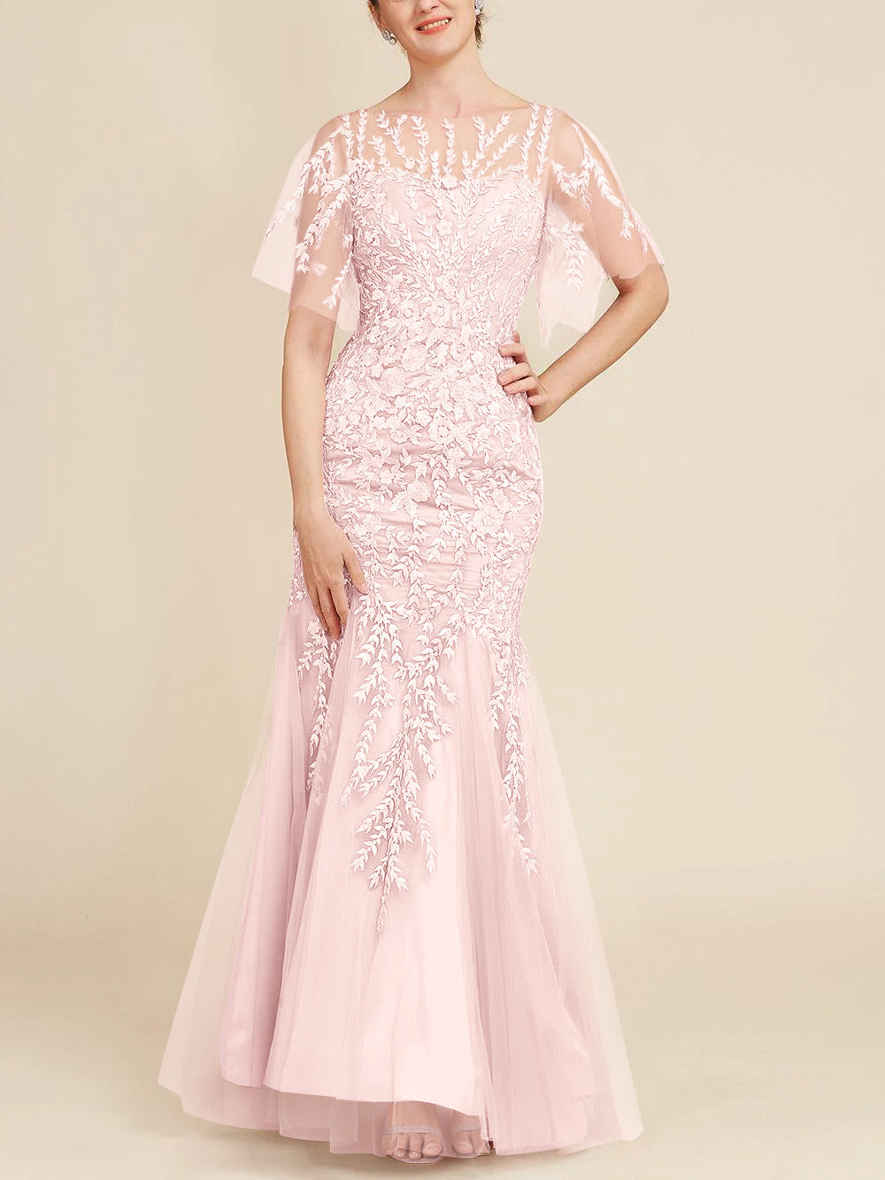 Long Mother of the Bride Lace Dresses with Trumpet Mermaid Scoop Half Sleeves