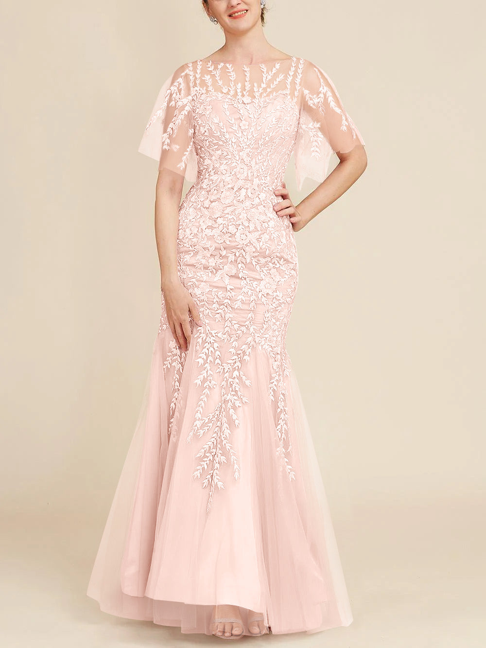 Long Mother of the Bride Lace Dresses with Trumpet Mermaid Scoop Half Sleeves