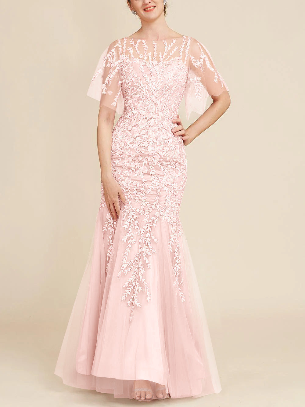 Long Mother of the Bride Lace Dresses with Trumpet Mermaid Scoop Half Sleeves