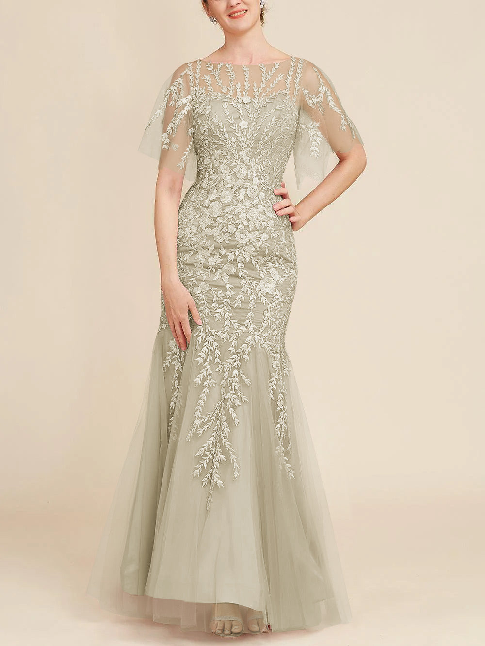 Long Mother of the Bride Lace Dresses with Trumpet Mermaid Scoop Half Sleeves