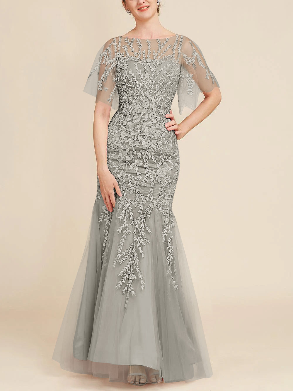 Long Mother of the Bride Lace Dresses with Trumpet Mermaid Scoop Half Sleeves