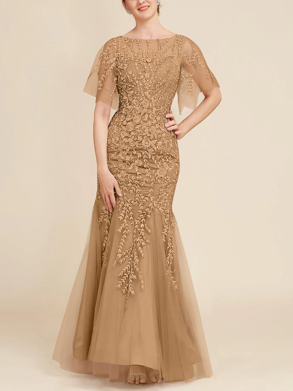 Long Mother of the Bride Lace Dresses with Trumpet Mermaid Scoop Half Sleeves