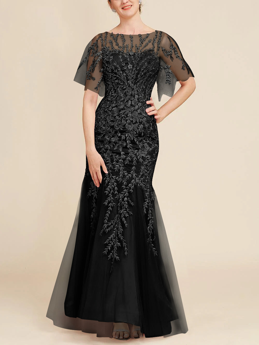 Long Mother of the Bride Lace Dresses with Trumpet Mermaid Scoop Half Sleeves