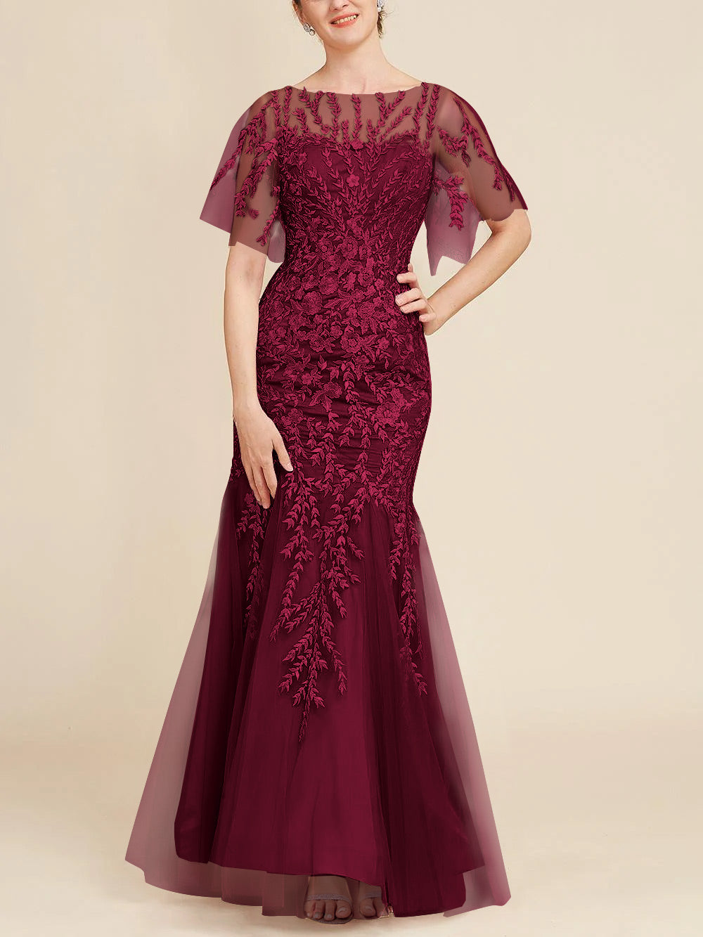 Long Mother of the Bride Lace Dresses with Trumpet Mermaid Scoop Half Sleeves