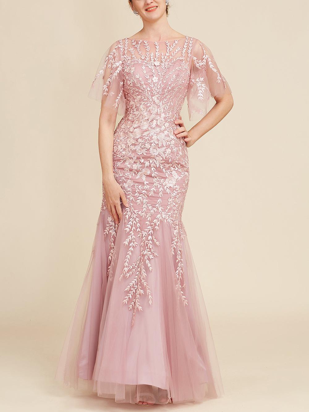 Long Mother of the Bride Lace Dresses with Trumpet Mermaid Scoop Half Sleeves