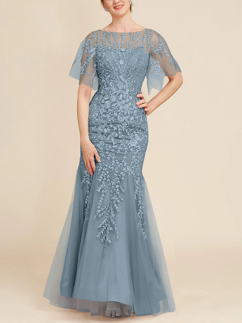 Long Mother of the Bride Lace Dresses with Trumpet Mermaid Scoop Half Sleeves